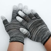 劳保手套PU涂指涂掌手套薄款尼龙防滑防静电耐磨透气涂胶工作手套 多彩-黑色涂指 M号12双装