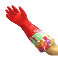 特长冬季保暖加绒加厚抓鱼加长袖防水橡胶皮手套一体绒胶皮耐用型 均码一体绒222花布40cm 加厚型*1双装