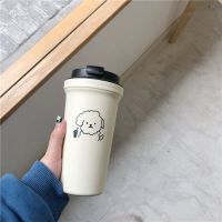 韩国ins清新可爱少女心插画小狗洗澡小熊咖啡杯随手杯耐热情侣杯 小狗手拿杯
