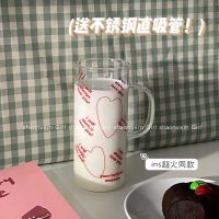 创意脂肪燃烧超大容量耐高温玻璃杯水杯大号家用带把茶杯子1000ml 爱心字母把手杯(送不锈钢直吸管)