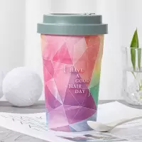 [送吸管勺子杯套]水杯咖啡杯带盖男女学生韩版ins高颜值吸管杯 七彩虹400毫升灰盖送吸管勺子杯套