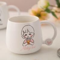 卡通萌娃韩式可爱学生家用对杯马克杯带盖勺情侣陶瓷水杯男女对杯 男女孩单杯(款式随机发) 标配