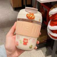 阿斯随手杯便携式咖啡杯带吸管水杯女学生玻璃杯带盖耐高温ins杯 咖啡色 玻璃水杯370ml