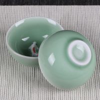 [48小时发货]特价茶杯陶瓷双层隔热主人杯 6个装青花瓷茶具套装品茗杯茶碗 青瓷鱼杯-6个装