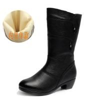 靴子女冬加绒冬季百搭中老年中筒妈妈鞋妈妈鞋防滑妇女大码皮靴子 黑色 单 35