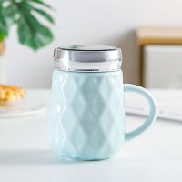 简约陶瓷杯带盖勺家用马克杯子男女咖啡杯办公室茶杯大容量喝水杯 菱格镜面杯-蓝色 单杯