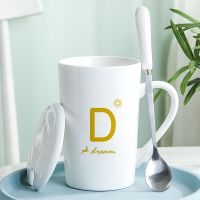 杯子陶瓷马克杯带盖勺创意学生男女韩版情侣咖啡杯家用大容量水杯 D款 经典白[单杯]