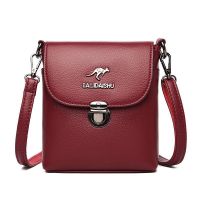 袋鼠真皮手机包2021新款女包时尚韩版潮女士翻盖单肩斜挎包 MK酒红