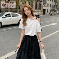 筱姿纯棉短袖T恤女夏季宽松露肩漏肩绑带半袖设计感小众上衣ins潮