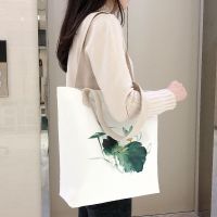 051白色印荷花 帆布包女ins斜挎包大学生上课简约单肩包手提大容量布袋上班通勤