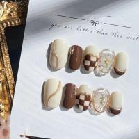 最小号xs 假指甲贴片 秋日显白咖色魔镜粉格子系短甲贴片