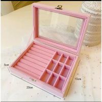 植绒粉色大单层 耳钉耳环项链首饰收纳盒子便携大容量皮革带锁扣耳饰品戒指珠宝盒
