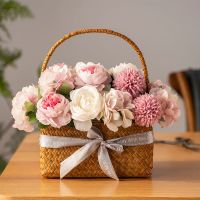 浅紫艾尔玛黄色长方海草手提 塑料康乃馨假花仿真花装饰客厅摆件婚庆花艺电视柜向日葵花篮摆设