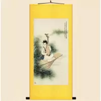 犹抱琵琶金黄色装裱 A成品宽35高90cm 卷轴画送锦 聚广金鑫柳岸笛音图 犹抱琵琶半遮面古代仕女人物画像卷轴挂画 书