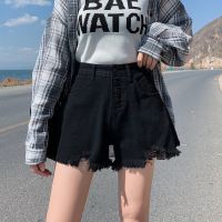 黑色[纽扣款] (收藏送袜子) S 80-90斤 大码胖mm牛仔背带短裤女夏200斤单肩设计感宽松直筒阔腿a字热裤子