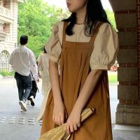 黄色上衣 S 时尚套装女2021夏季韩版泡泡短袖T恤+日系复古背带裙子两件套装潮