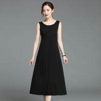 黑色 9647黑色圆领 S 80-95斤 桑蚕丝吊带裙无袖过膝宽松背带裙内搭真丝连衣裙长款妈妈装大码女