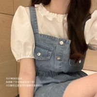 白色衬衫 S 肉完盐系炸街牛仔背带裙女夏薄款宽松两件套小个子套装夏季连衣