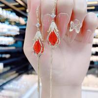红色芙蓉花耳环 高级感夏季超仙猫眼石花朵耳环长款流苏耳钩耳坠女气质设计感耳饰