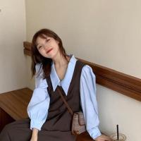 蓝色衬衫 S(关注店铺送小礼物) 秋季百搭衬衫+韩版收腰背带连衣裙女学生百搭中长款背心裙两件套