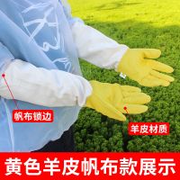 黄色帆布袖羊皮手套 1双装 羊皮手套养蜂工具防护手套加厚帆布耐磨蜜蜂工具专用透气防蛰手套