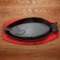 小号浅鱼+木板 鱼形铁板烧盘家用鲫鱼铁板烤鱼盘烧烤鱼盘铸铁烤鱼盘子铁板鱼形盘