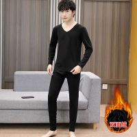 黑色-纯色无痕套装 L(建议90-110斤) 男士保暖内衣自发热青少年双面德绒打底衫冬季无痕秋衣秋裤一套装