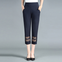 藏青色 XL 夏季中年女装修身百搭女裤中老年松紧高腰大码薄款七分裤妈妈裤子