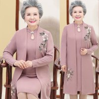 粉色 [孝敬老人 就送素柜老年装] 中老年人春秋外套女妈妈旗袍奶奶裙子中长款夏装结婚宴连衣裙太太