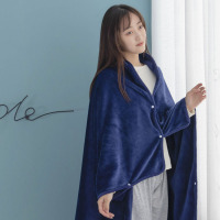 单层-藏青(带扣披肩毯) 70*130cm 小毛毯居家盖腿办公室午睡毯披肩毯子可穿式家用披风法兰绒空调毯