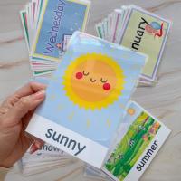 小卡8x11cm(比扑克牌稍大) 塑封卡片4套主题共46张 英语天气季节卡片月份星期闪卡幼儿园环创塑封单词卡儿童早教教具
