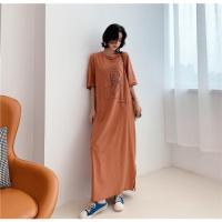 深棕色 L 胖mm大码中长款过膝连衣裙女韩版大码圆领t恤裙夏装短袖孕妇裙子