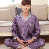 长袖紫色格子领男款 L 秋冬季男士真丝绸睡衣长袖套装睡衣家居服男式夏季中老年爸爸款