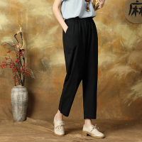黑色 M 90-105斤 棉麻裤女2021款薄款百搭显瘦修身妈妈裤宽松直筒亚麻哈伦休闲裤女冰丝休闲裤女裤春夏季薄款中老年