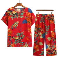 花色一 XL(建议80-105斤) 中老年女装夏季套装短袖T恤裤子两件套装妈妈装大码棉麻奶奶春装