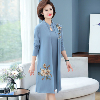 蓝色 XL 90-115斤 春秋装2021连衣裙女中长款洋气妈妈两件套装中老年人旗袍裙子外套