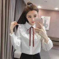 2020新款秋季韩版时尚翻领蝴蝶结系带上衣显瘦条纹喇叭长袖衬衫女 白色 S 80-99斤左右