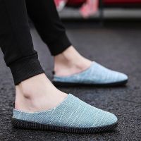 夏季男士韩版帆布休闲潮流老北京布鞋透气一脚蹬懒人小白半拖板鞋 3-314月色 43