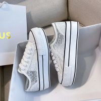 夏季新款蕾丝透网厚底增高帆布鞋女网鞋小白鞋女学生镂空透气百搭 白色 35