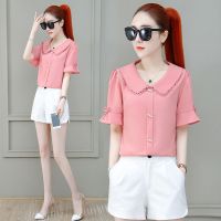 雪纺衬衫女装夏季薄款衬衣2022新款娃娃领短袖上衣服时尚洋气小衫 粉色 M