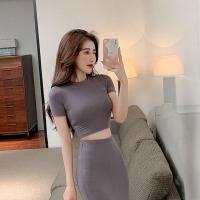 女神范气质圆领短袖上衣2021夏季新款御姐套装休闲包臀半身裙子女 单件/灰色短袖上衣(优质版) S 70-90斤