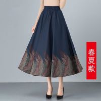 印花民族风半身裙女春秋中长款a字大摆伞裙中年松紧腰妈妈款裙子 Q006-深蓝色牛奶丝定位花松紧中长 M 2.0-2.1尺