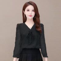 2022春季新款小衫雪纺衬衫女气质修身碎花休闲衬衣V领上衣潮时髦 黑色#6002 M 建议[90-105]