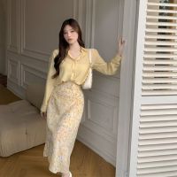春季2022年时尚新款女套装长袖衬衫+中长款碎花半身裙两件套潮ins 黄色半身裙 XL