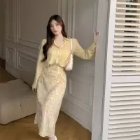 春季2022年时尚新款女套装长袖衬衫+中长款碎花半身裙两件套潮ins 黄色半身裙 XL