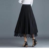 [两面穿]半身裙秋冬季女新款大码高腰蕾丝百褶裙中长显瘦网纱裙 黑色(裙长80cm) S 建议[80-100斤]