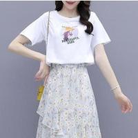 套装女夏两件套气质雪纺小碎花连衣裙女大码时尚新款减龄洋气裙子 白色上衣 单件 M 98-108斤