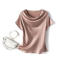 轻奢重磅光滑缎面T恤女2022新款夏时尚减龄堆堆领洋气小衫女装潮 藕粉色 M 建议(95-105斤)