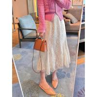 蕾丝半身裙女2021秋冬新款加绒加厚百搭中长款裙子高腰显瘦a字裙 米白色 S