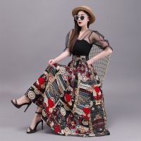 印花半身裙女高腰A字大摆长裙2021春夏季新款垂坠感长款亚麻裙子 红色中国结花 [裙长:78左右] 均码 体重建议:85